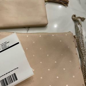 Mark and Graham LEATHER tassel cb w foil stars and leather zipper pouch NWT